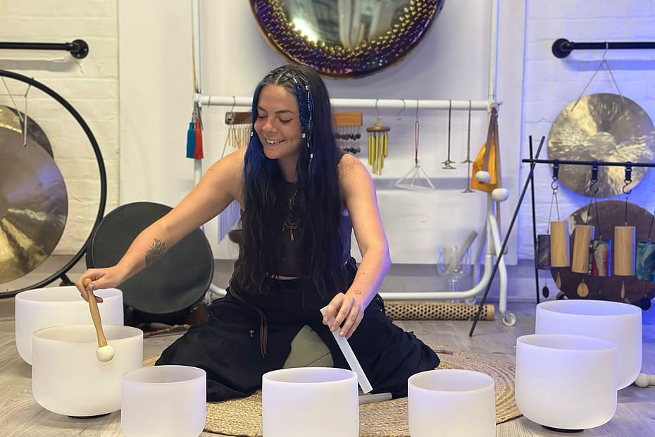 One of our therapists offering a sound bath in Eccles
